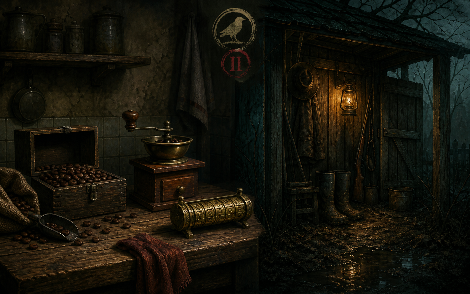 Editorial illustration showing a coffee workbench and a shadowed hunting shed