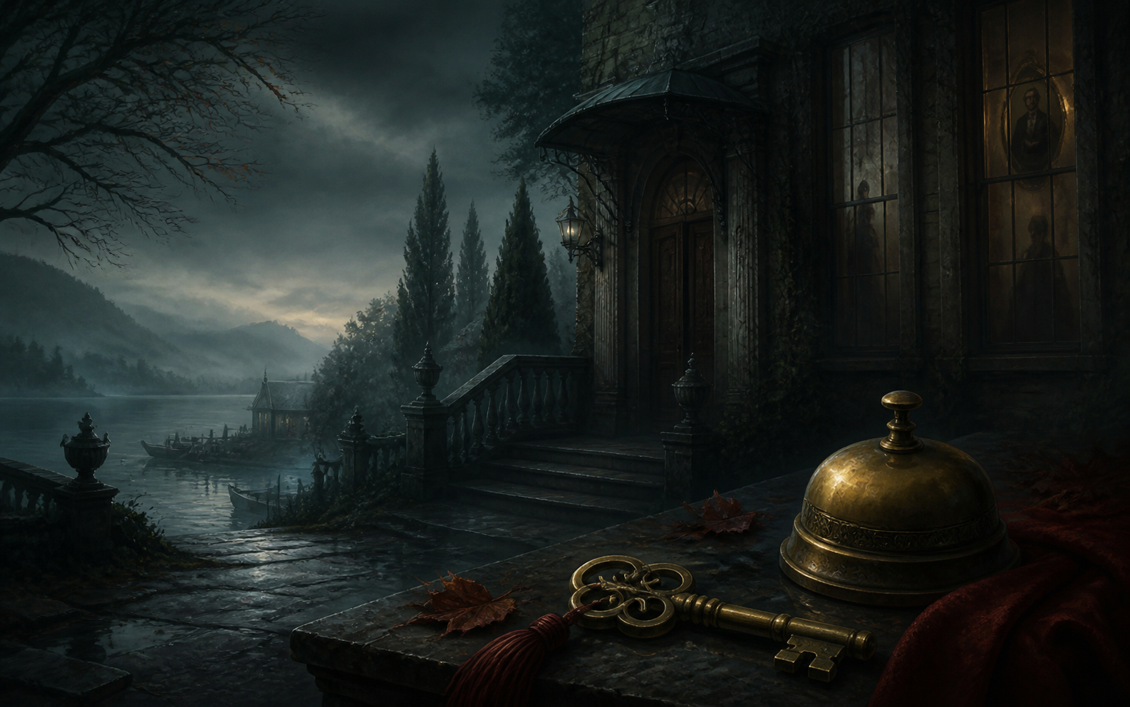 A dark manor beside a lake with a brass key and service bell in the foreground