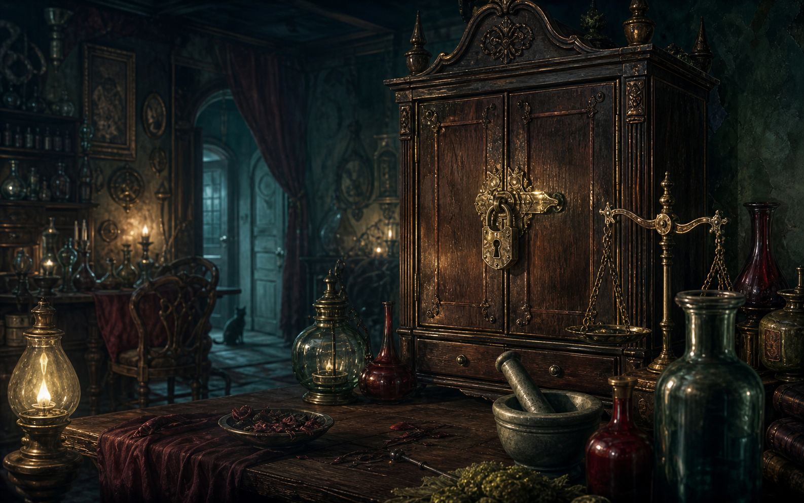 Editorial illustration of a locked alchemy cabinet and colored bottles