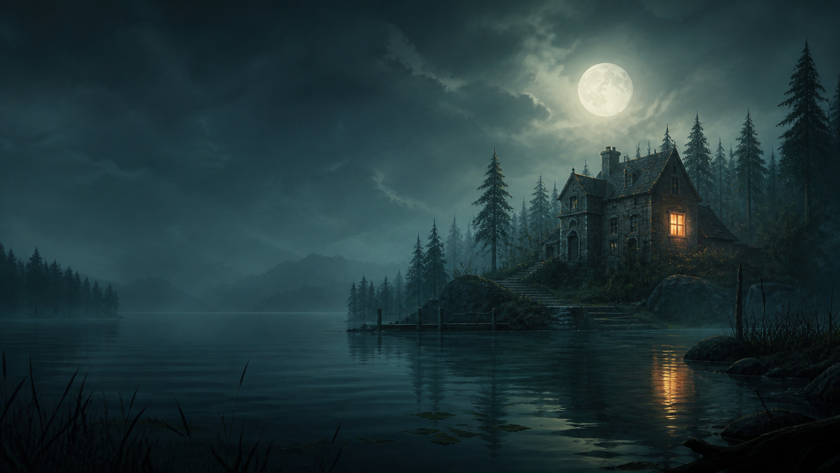 A moonlit lake and a warm-windowed manor in the fog